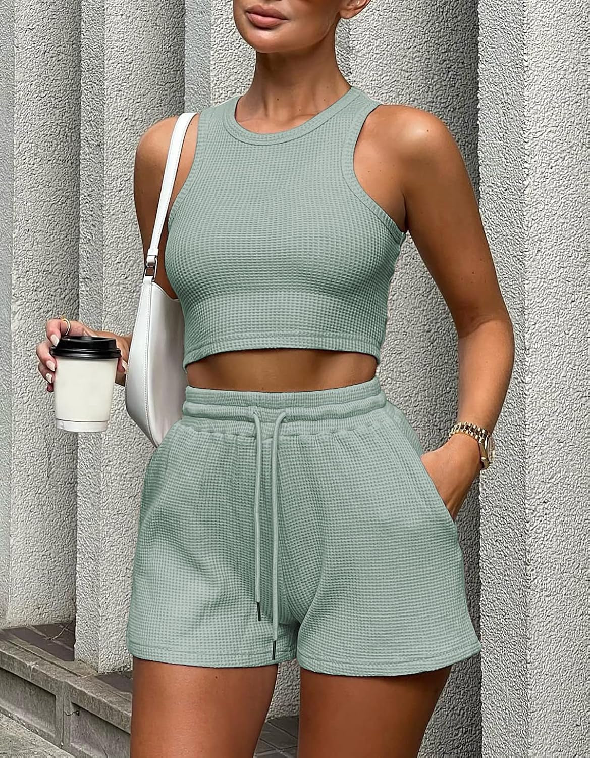 2 Piece Women Lounge Sets - Sleeveless Crop Top and Shorts Waffle Lounge Set Tracksuits Sweatsuits for Women