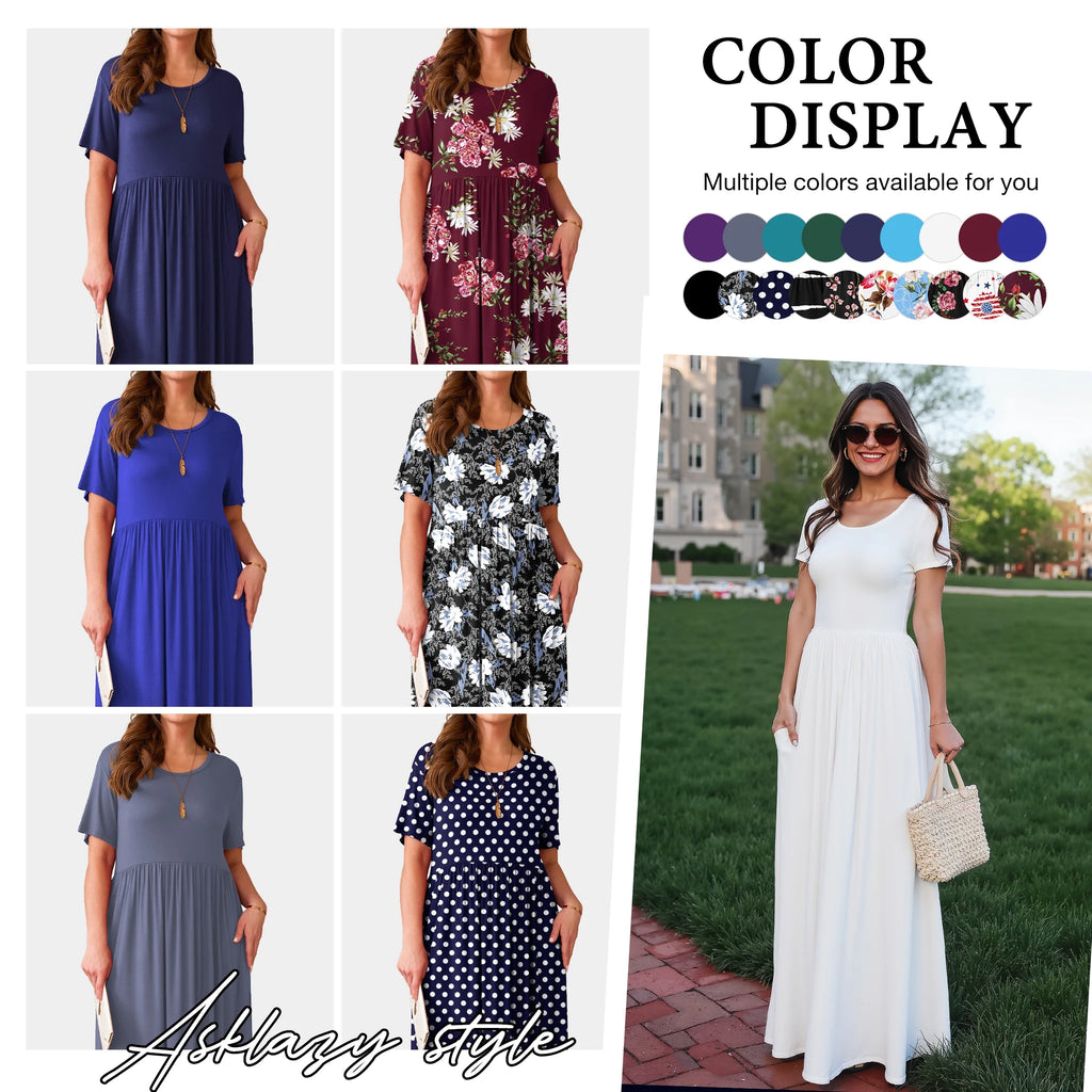 Women'S Short Sleeve Loose Plain Maxi Dresses Casual Long Dresses with Pockets,Us Size,Dark Purple,Xl