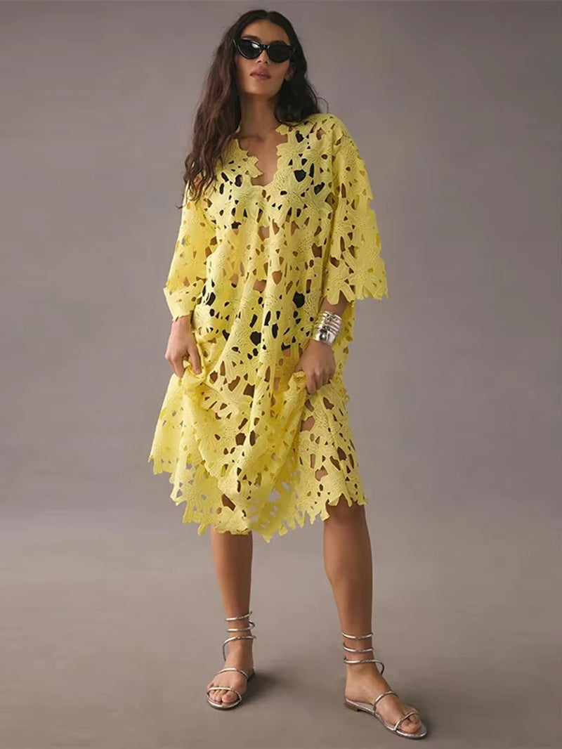 Sexy Lace Hollow Out V-Neck Dress for Women Elegant Three Quarter Sleeve Solid Dresses Beach Vacation Midi Loose Vestidos