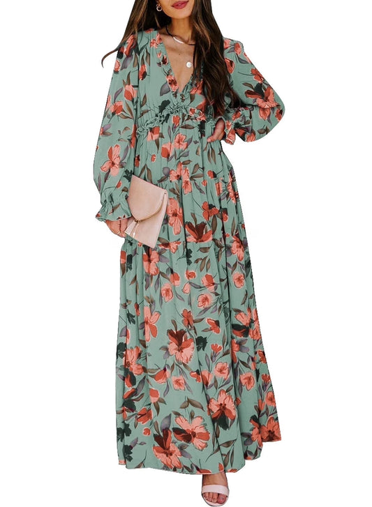 Women'S Summer Maxi Dresses Floral Print Dresses with Long Sleeve Cocktail Party Wedding Dresses Ruffle Swing Long Dress L