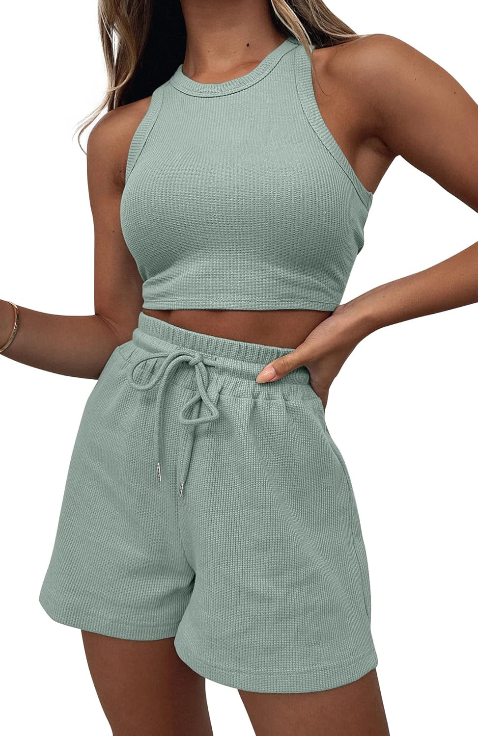 2 Piece Women Lounge Sets - Sleeveless Crop Top and Shorts Waffle Lounge Set Tracksuits Sweatsuits for Women