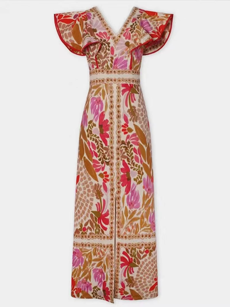 2025 Summer Backless Print Dress for Women – Sexy V Neck Long Dress with Butterfly Sleeves and Split